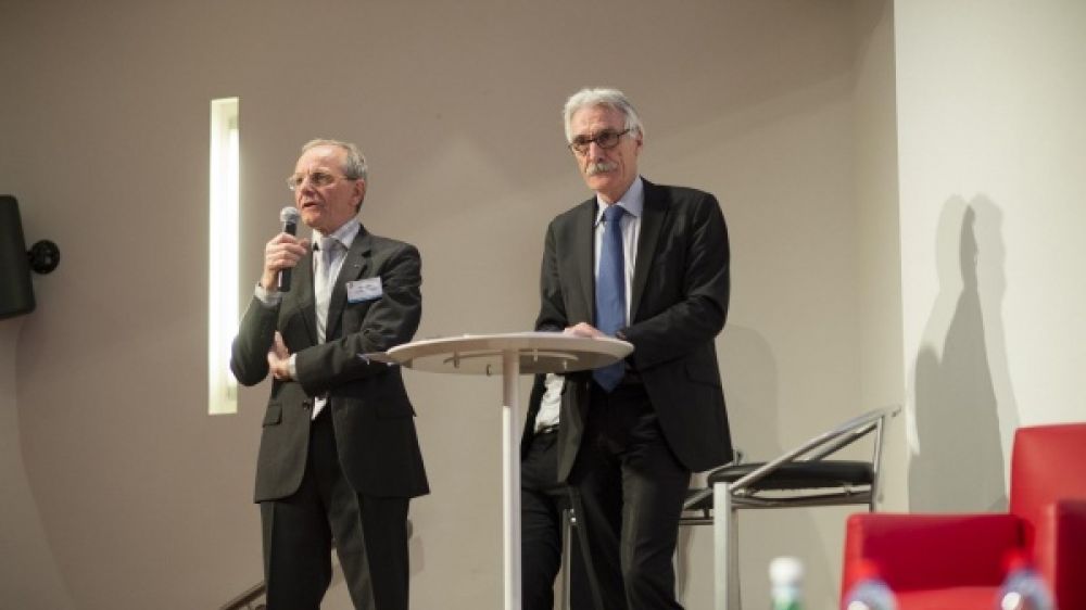 Axel Kahn, Pr&eacute;sident fondateur de la FIRAH, et G&eacute;rard Andreck, Pr&eacute;sident du groupe MACIF, lors de la Rencontre FIRAH 2014