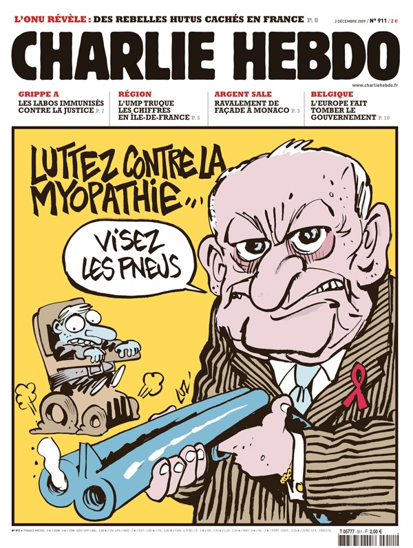 Une de Charlie Hebdo, Pierre Bergé lutte contre la myopathie, par Luz
