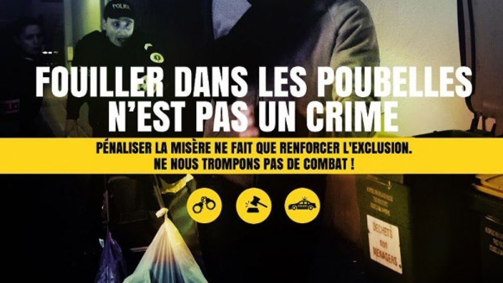 Campagne publicitaire et image prise de la video, Illustration de l&#039;interpellation d&#039;un sans abris pour glanage.