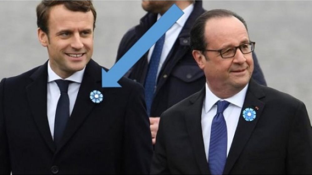 Emmanuel Macron et François Hollande arborent le Bleuet de France, le 8 mai 2017